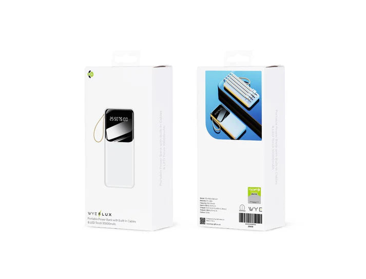 WYEFLUX - 10000mAh Power Bank With Built In Cables & LED - White