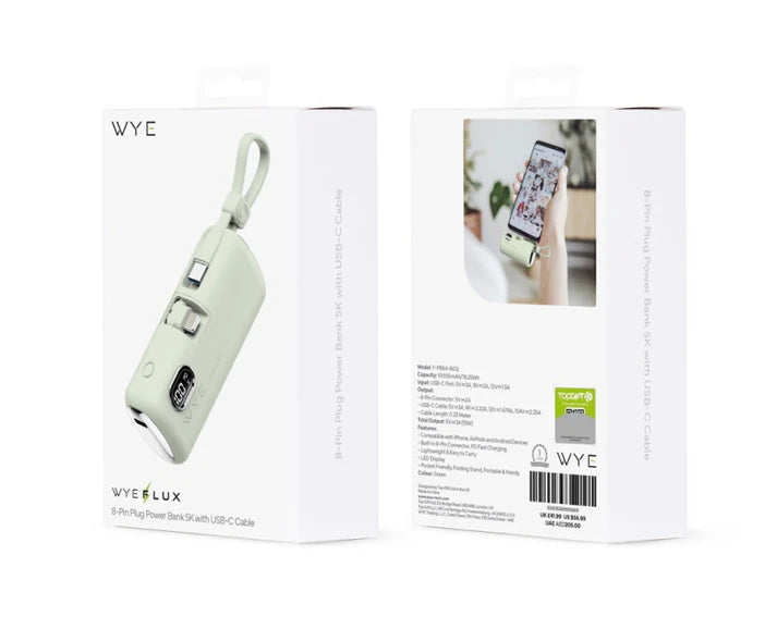 WYEFLUX - 5000mAh Power Bank Pin Plug With USB C Cable - Green