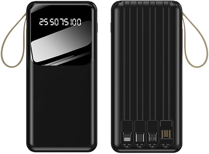 WYEFLUX - 10000mAh Power Bank  With Built In Cables & LED - Black
