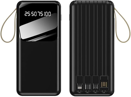 WYEFLUX - 10000mAh Power Bank  With Built In Cables & LED - Black