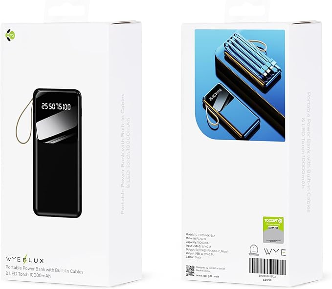 WYEFLUX - 10000mAh Power Bank  With Built In Cables & LED - Black