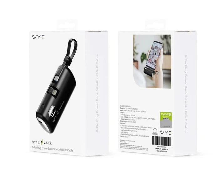 WYEFLUX - 5000mAh Power Bank Pin Plug With USB C Cable - Black