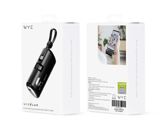 WYEFLUX - 5000mAh Power Bank Pin Plug With USB C Cable - Black
