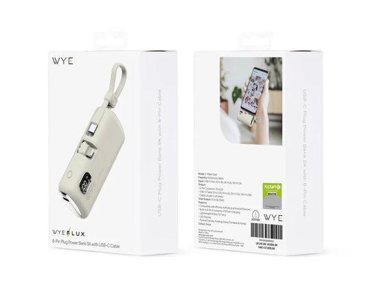 WYEFLUX - 5000mAh Power Bank Pin Plug With USB C Cable - Beige