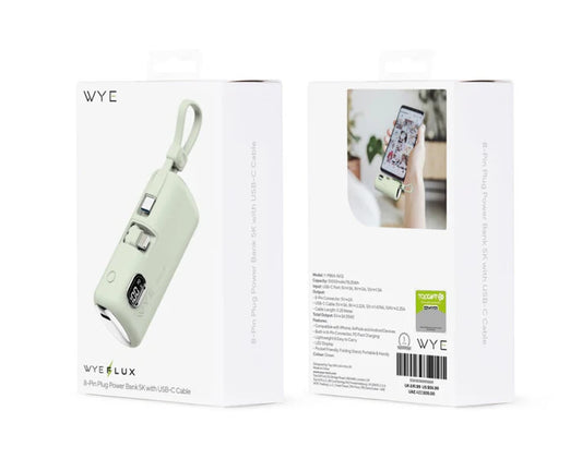 WYEFLUX - 5000mAh Power Bank Pin Plug With USB C Cable - Green